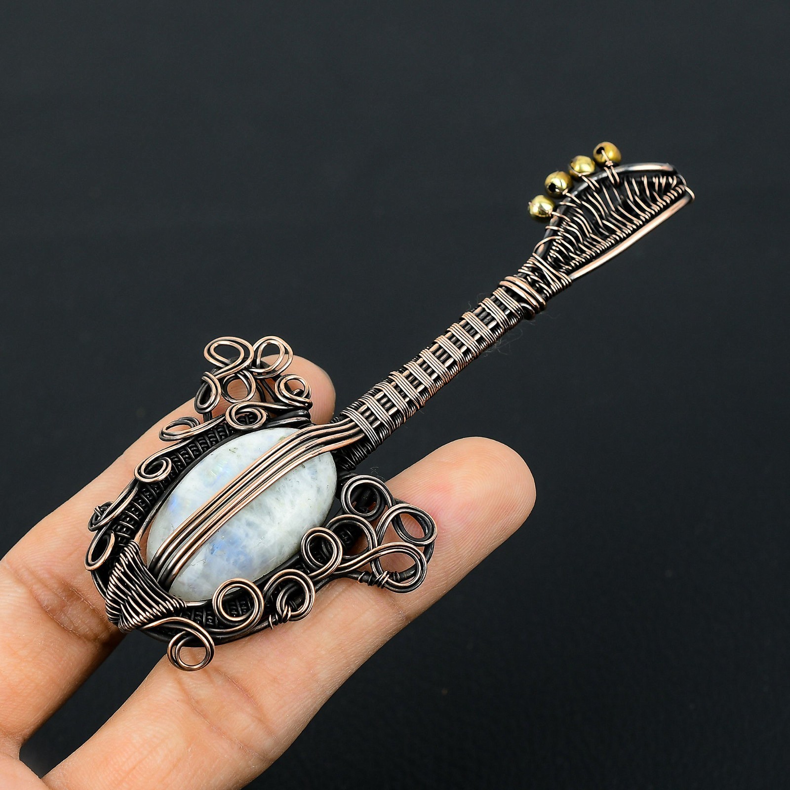 Moonstone Handmade Gemstones Copper Wire Wrapped Guitar Designer Pendant Jewelry