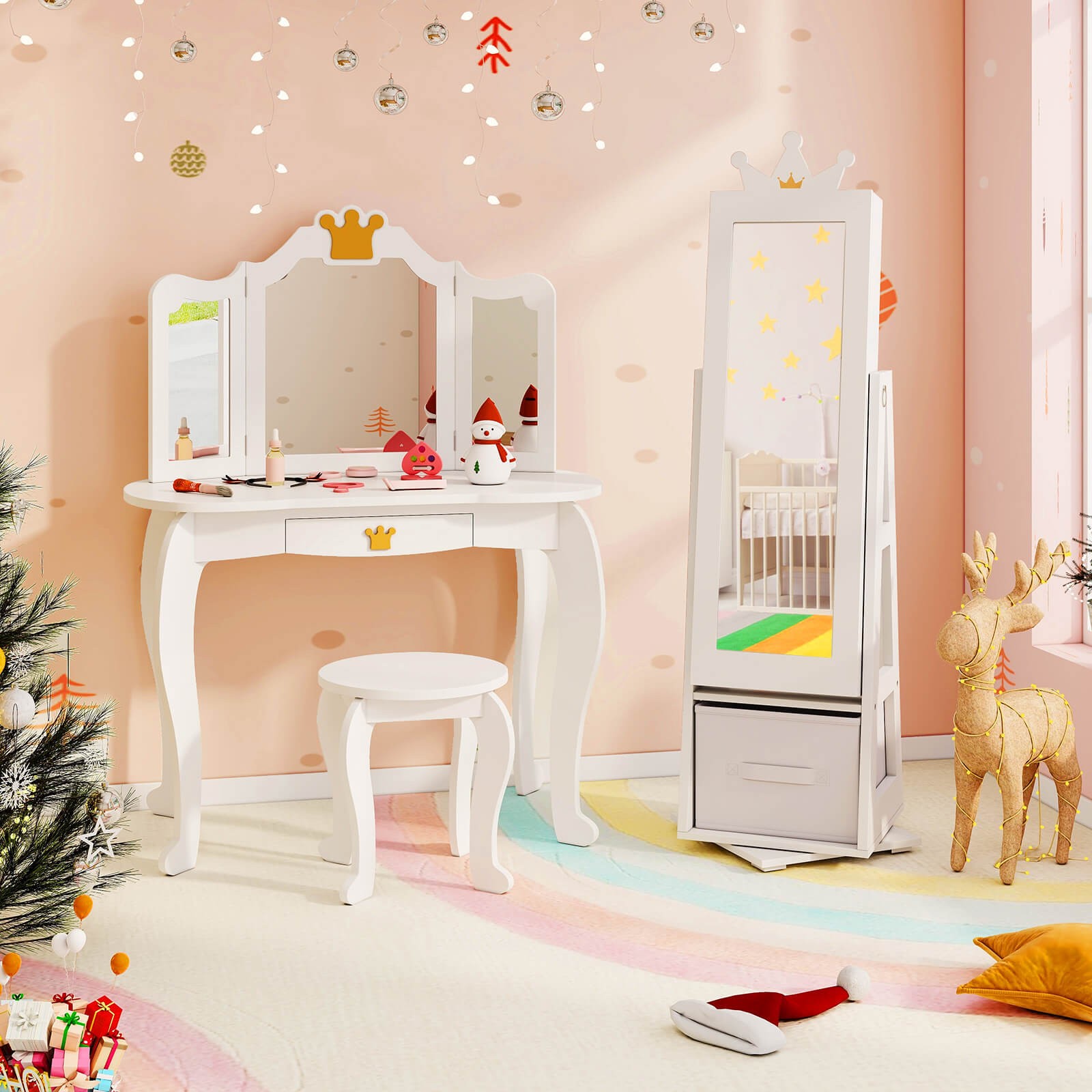 Kids Vanity Set Princess Makeup Dressing Table and Chair Set w/ Jewelry Armoire