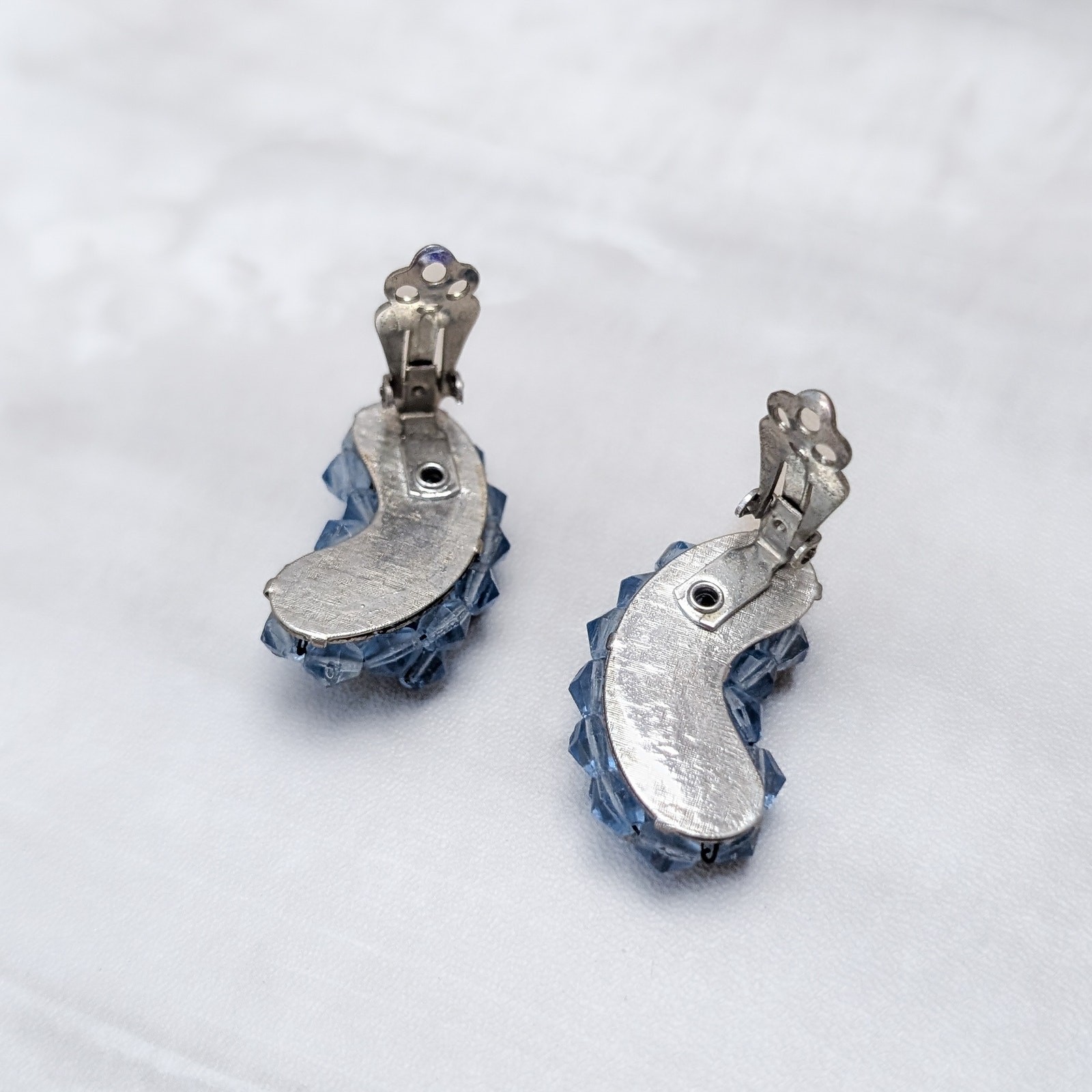 Vintage Clip On Earrings Kidney Bean Shape Large Blue Beaded Statement 1 & 3/8″