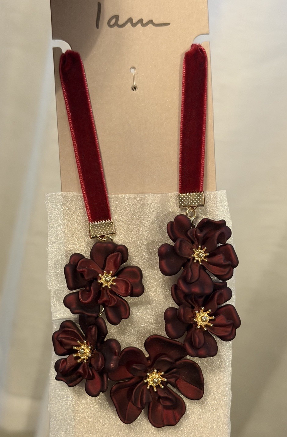 Gold Tone Burgundy Wine Red Floral Design Statement Necklace 18-20 Inch Vintage