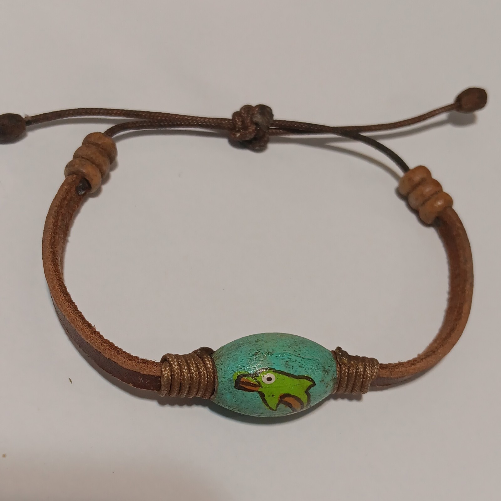 Adjustable Brown Leather Cord Bracelet Bolo Closure Turquoise Bead Dolphin
