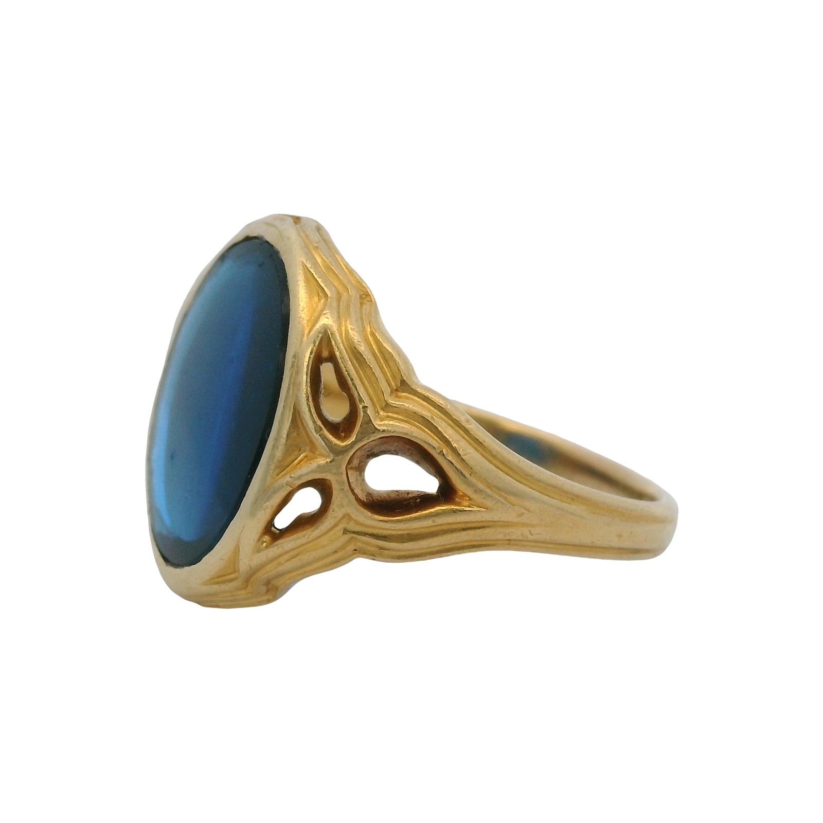 Vintage 1980s 14kt Yellow Gold Etruscan Style Ring with Blue Lab Spinel Size 10