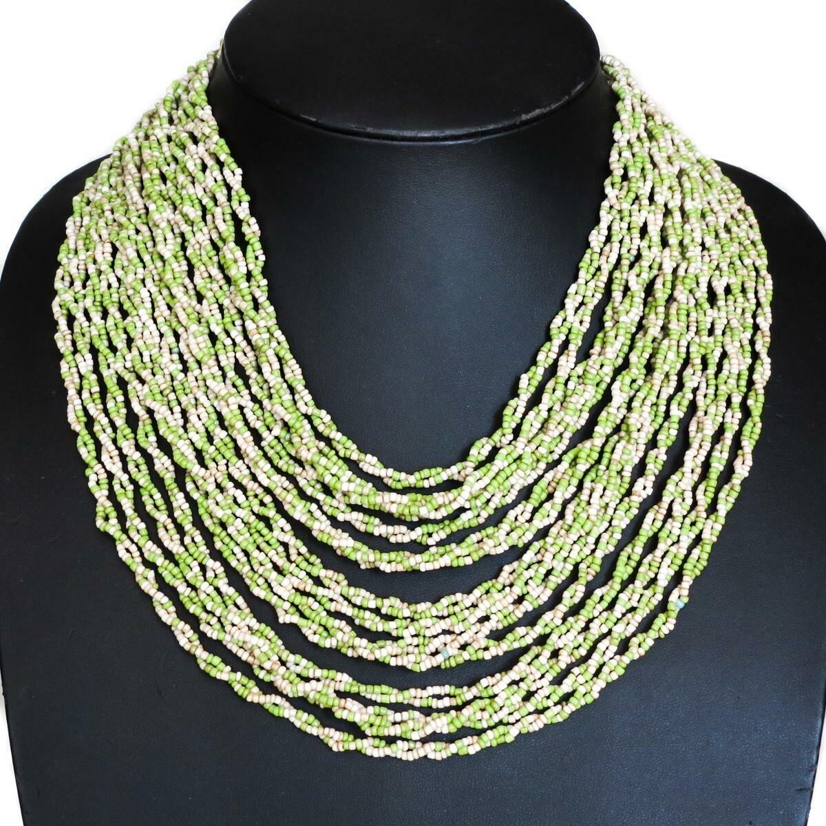 Handmade Necklace GLASS BEADS GREEN BEIGE Tone Bohemian 19 Inch 30 Strands Twist