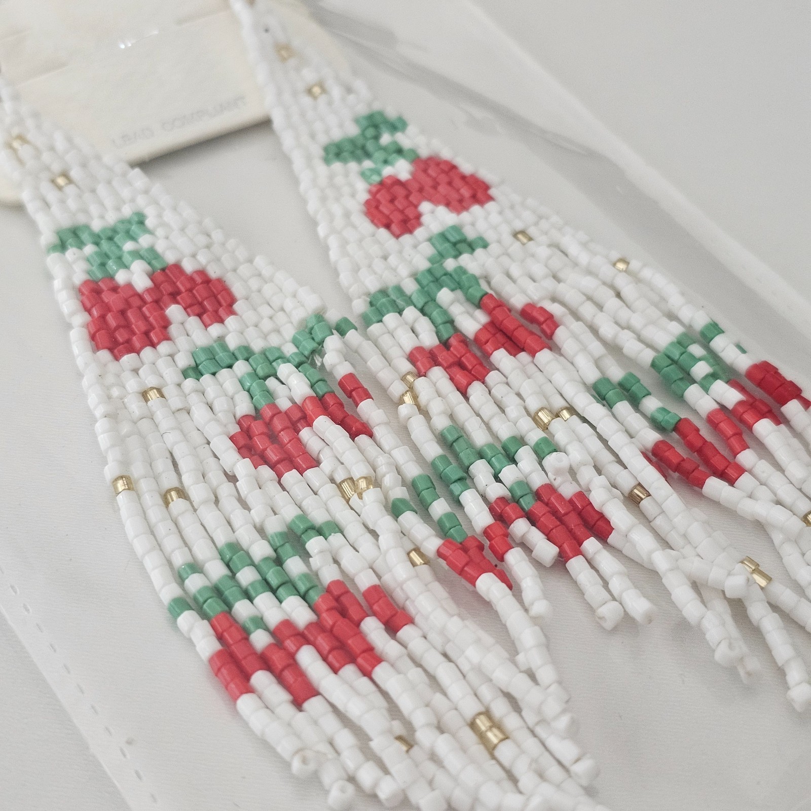 Boho Chic White Cherries Fruit Dangle Drop Fringe Bead Earrings Beaded 4.5″ NEW