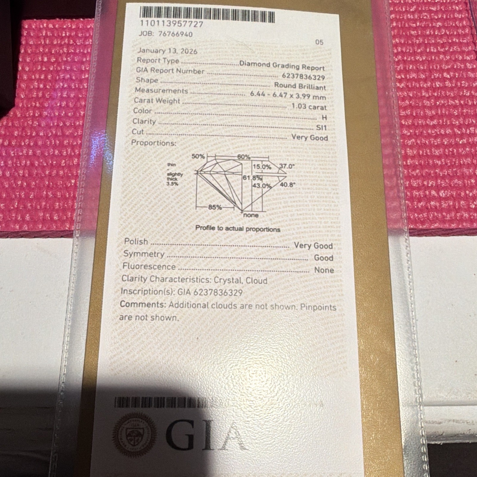 GIA Certified 1.03ct H SI1 Round Brilliant Natural Diamond, Very Good Cut