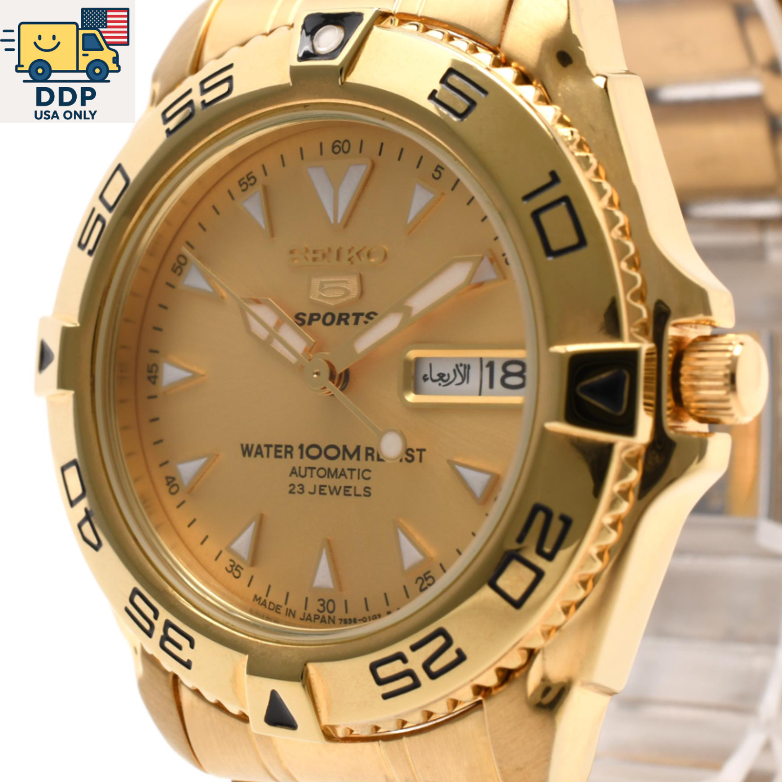 Seiko 5 Sports Gold Dial Automatic 7S36-00Y0 40mm Day-Date Men’s [Near Mint]