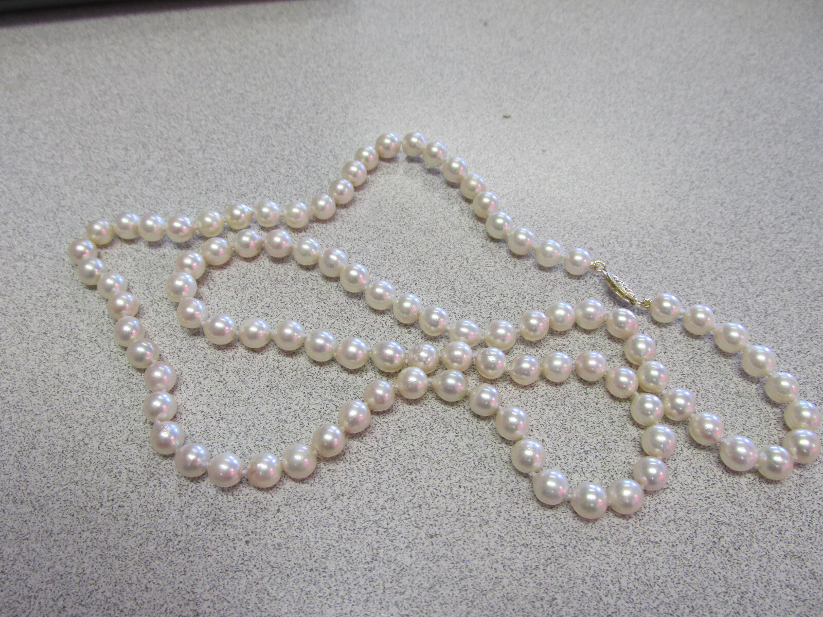 30 inch 7-7.5 mm Akoya Pearl Necklace Knotted on Silk with 14k Clasp MAKE OFFER