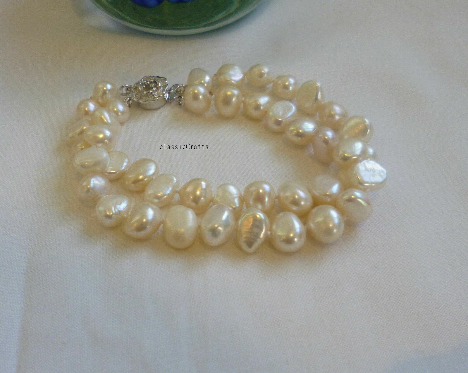 Silver Genuine 7-8mm Baroque freshwater pearls 2 rows bracelet L16, 18, 20,22cm