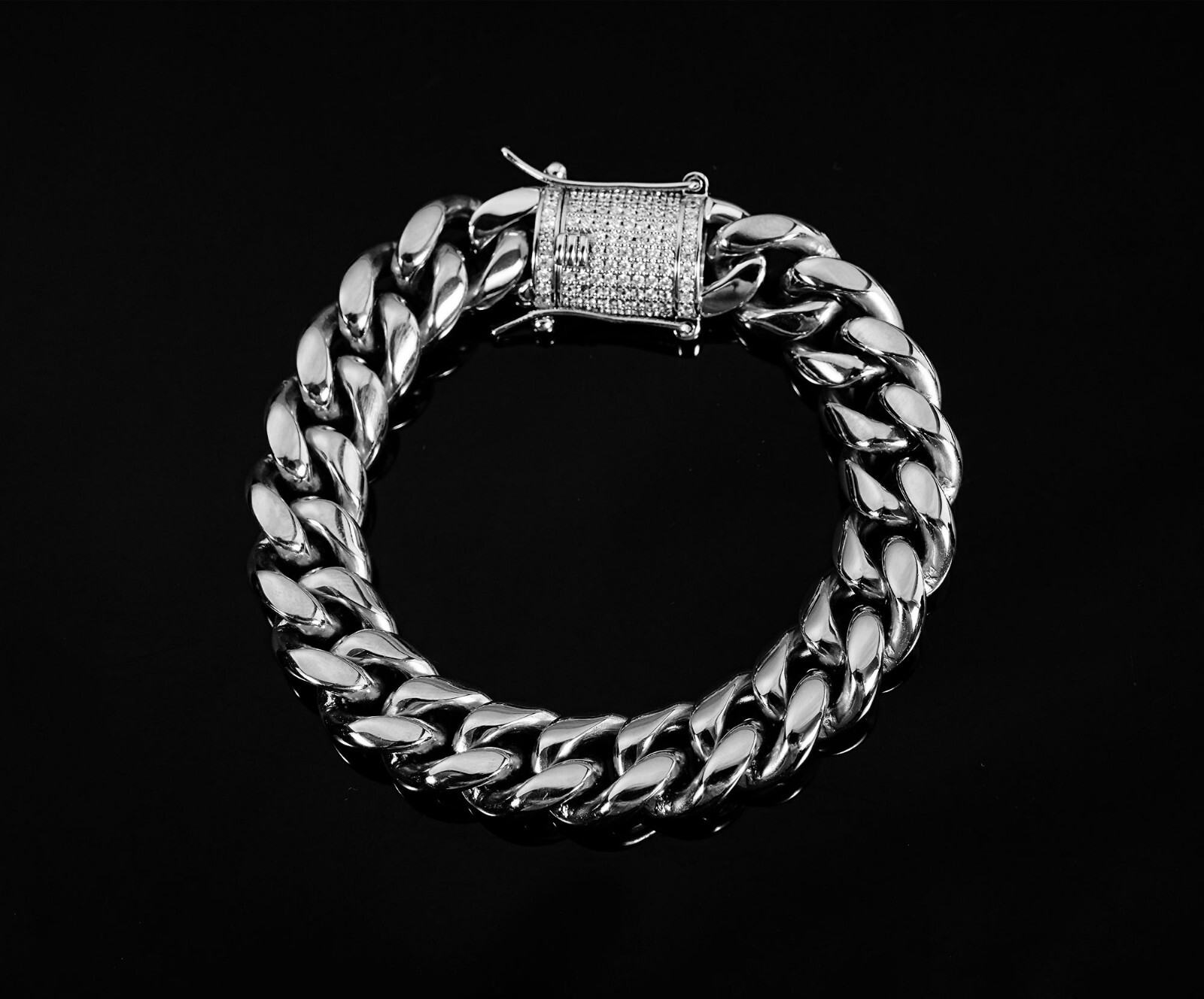 Miami Cuban Link Bracelet Chain Set White Gold Stainless Steel With CZ Clasp