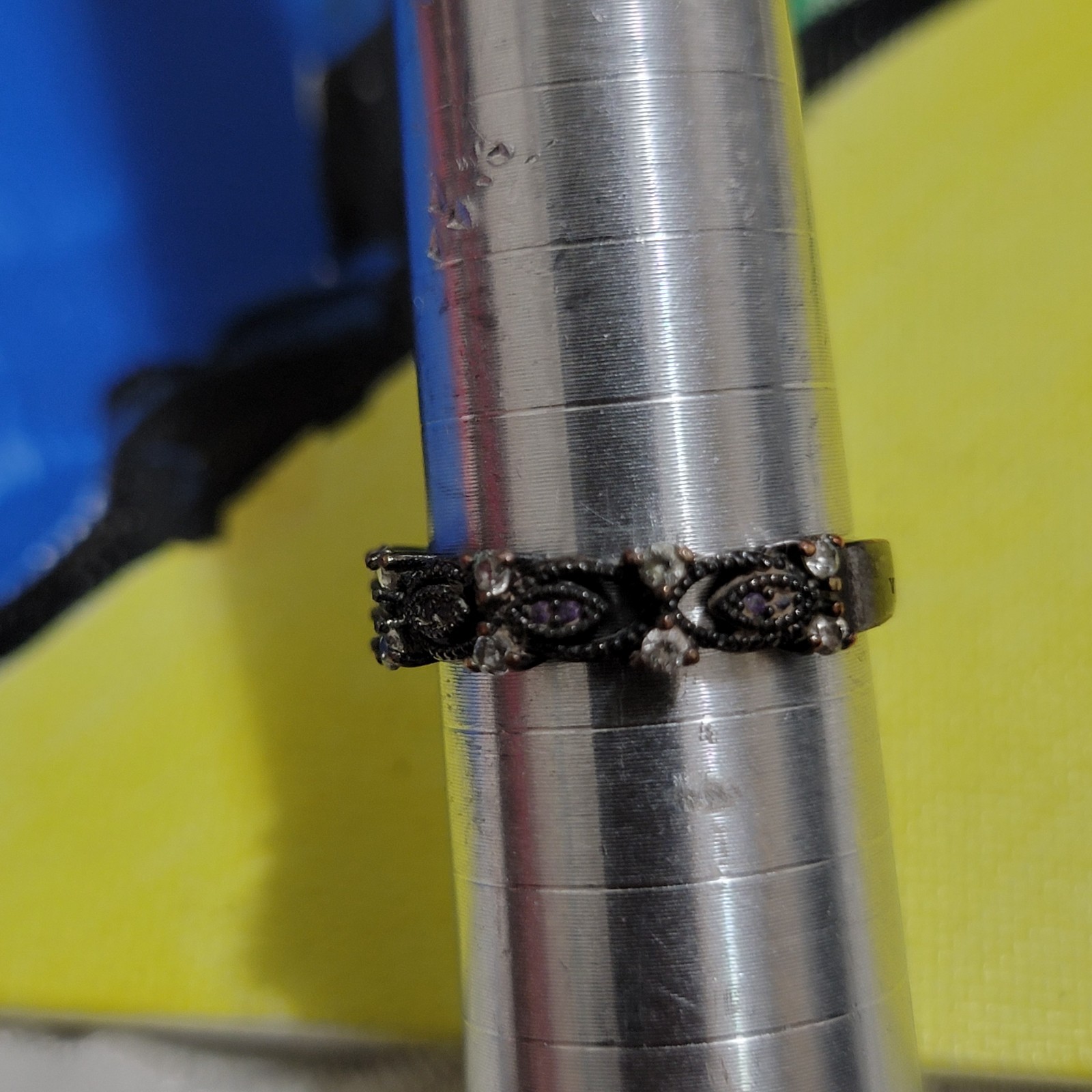 RARE black ruthenium-plated sterling wedding band with clear stones size 8.5