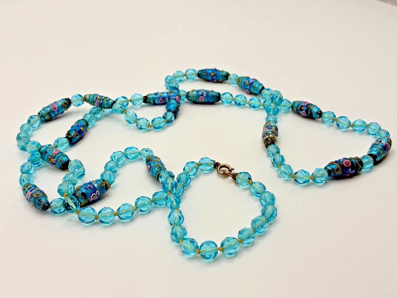 Antique Murano Venetian Glass Aqua Blue Wedding Cake Crystal Bead 39″ Necklace