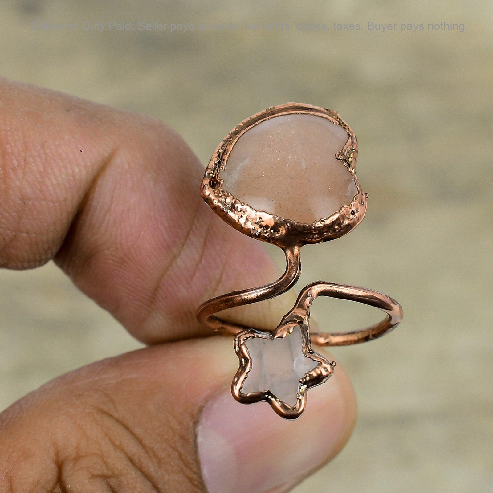 Rose Quartz Gemstone Rainbow Moonstone Copper Promise Wedding Wife Ring Jewelry