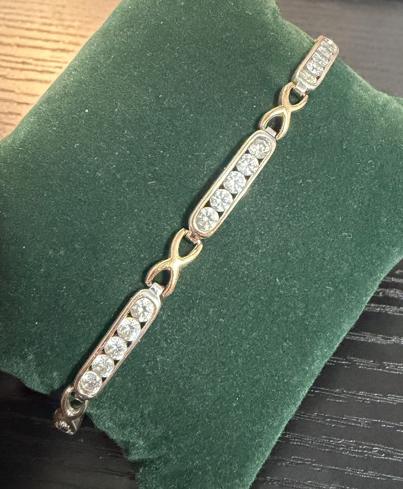 Vintage 925 Sterling Silver Gold Plated CZ Link Bracelet Art Deco Infinity 7.5