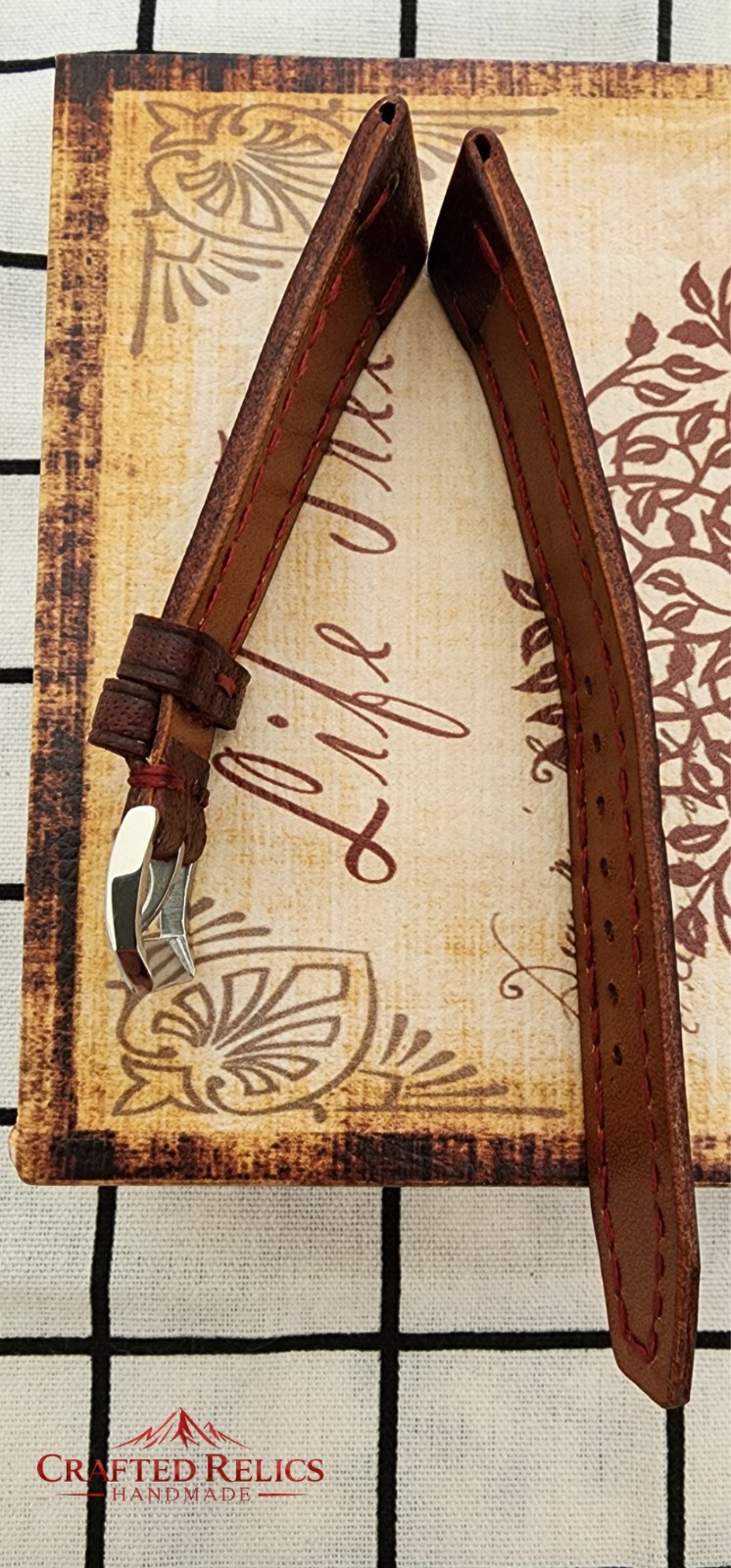 20mm Handmade Burgundy Italian Waxed Leather Watch Strap Red Stitch 20-18