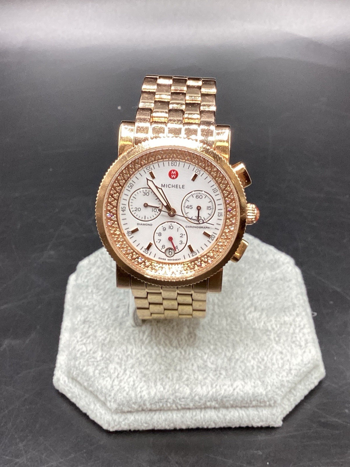 MICHELE (MW01C01G1001) Diamond Rose Gold White Dial Chrono Watch-Free Shipping