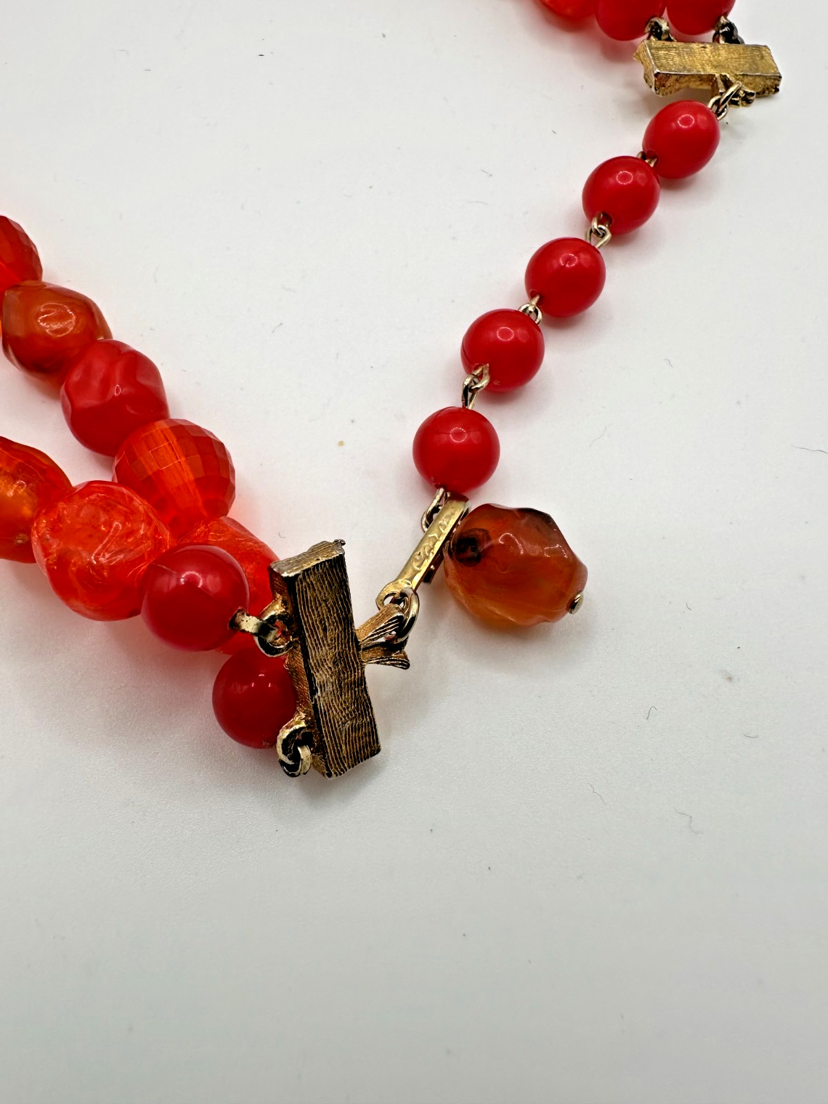 Gorgeous Signed Coro 2 Strand Beaded Choker Necklace Lucite Vintage Red Orange