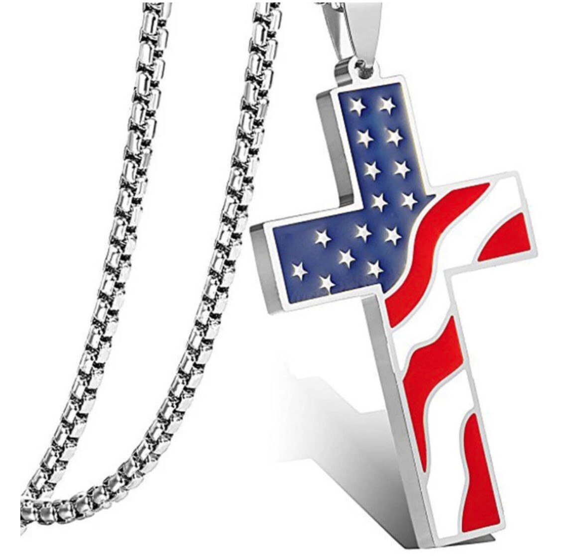 Stainless Steel Enamel USA FlagCross Necklace with 60cm rounded box chain
