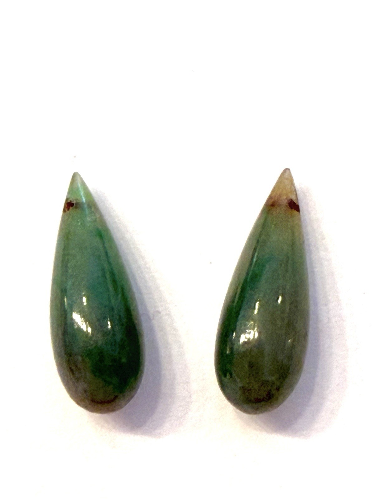 Chinese Antique Vintage Hand-Carved Deep Green Jade Matched Drops Drilled Holes