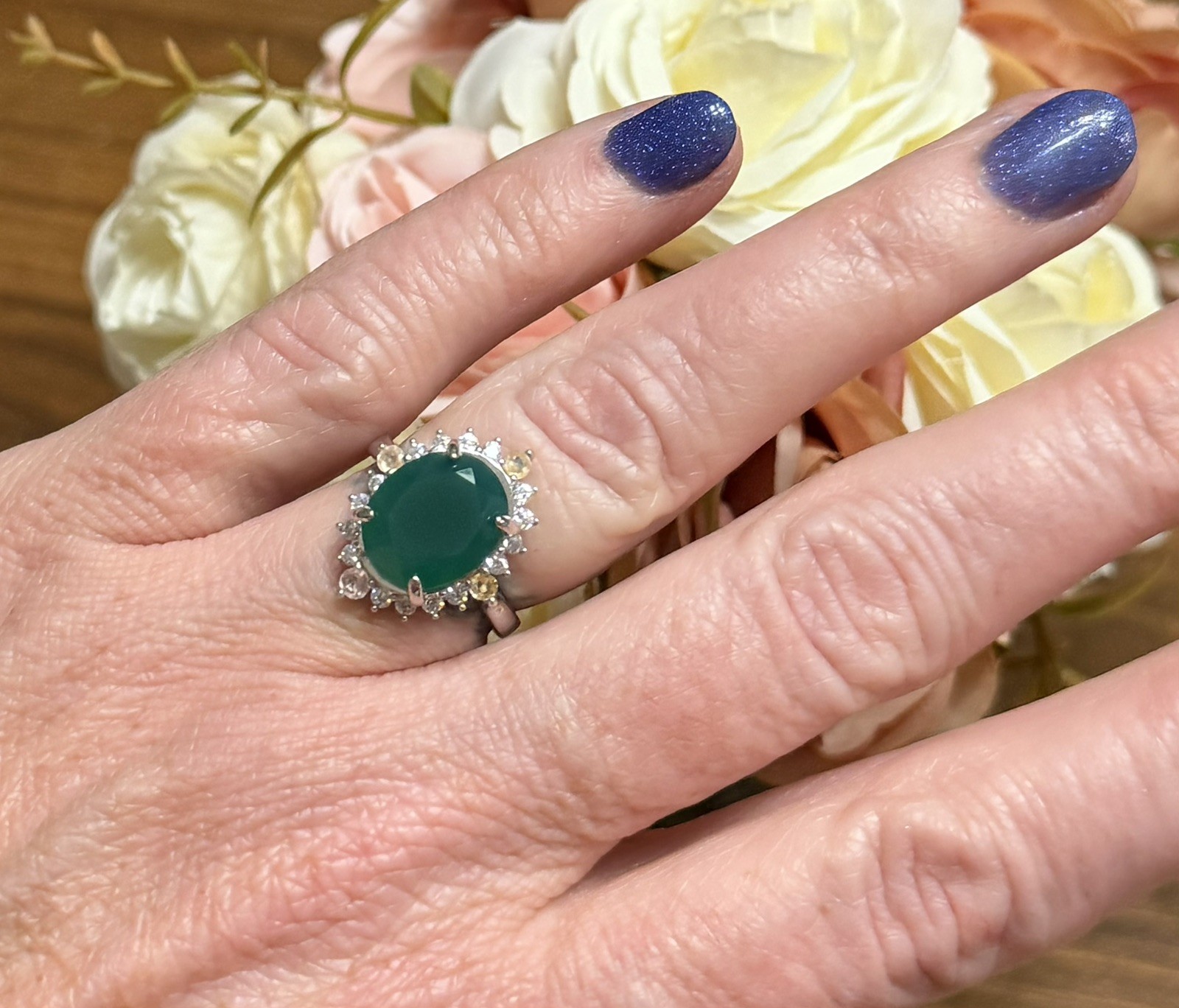 Stunning Natural Green Agate 4CT Sapphire & Zircon 925 Sterling Silver Ring Sz 6