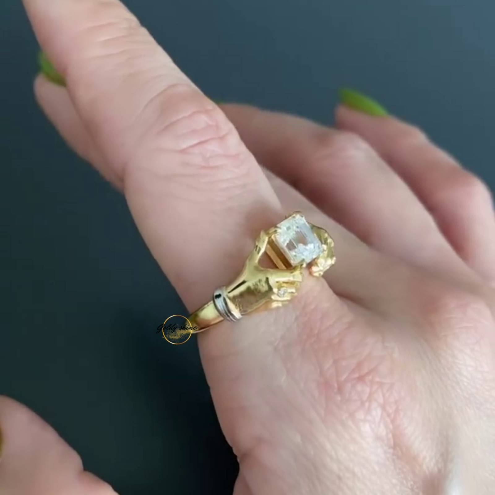 1 Ct Asscher Cut Moissanite Grasping Hands Artistic Ring 14K Yellow gold plated