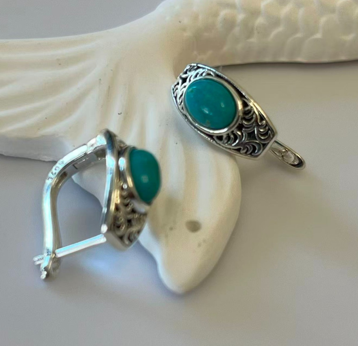 Native Oval 5x7mm Turquoise English Lock Stud 3/4”Earrings 925 Solid Silver