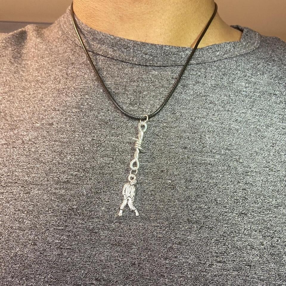 Y2K Gothic Punk PU leather Necklace , Wire with hanging man zombie pendants