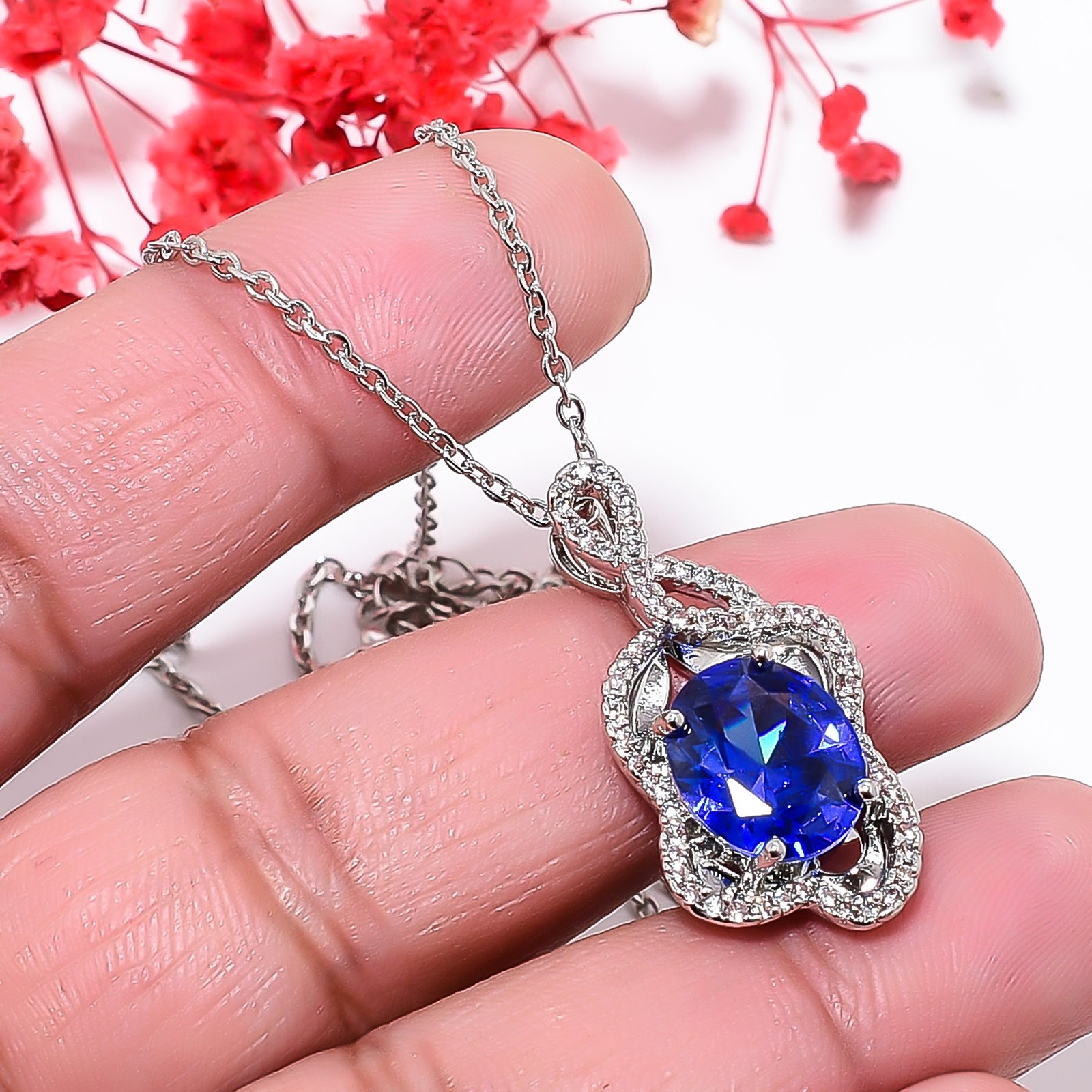 Tanzanite & Cz 925 Sterling Silver Pendant With Adjustable Chain 18-20″ CP150621