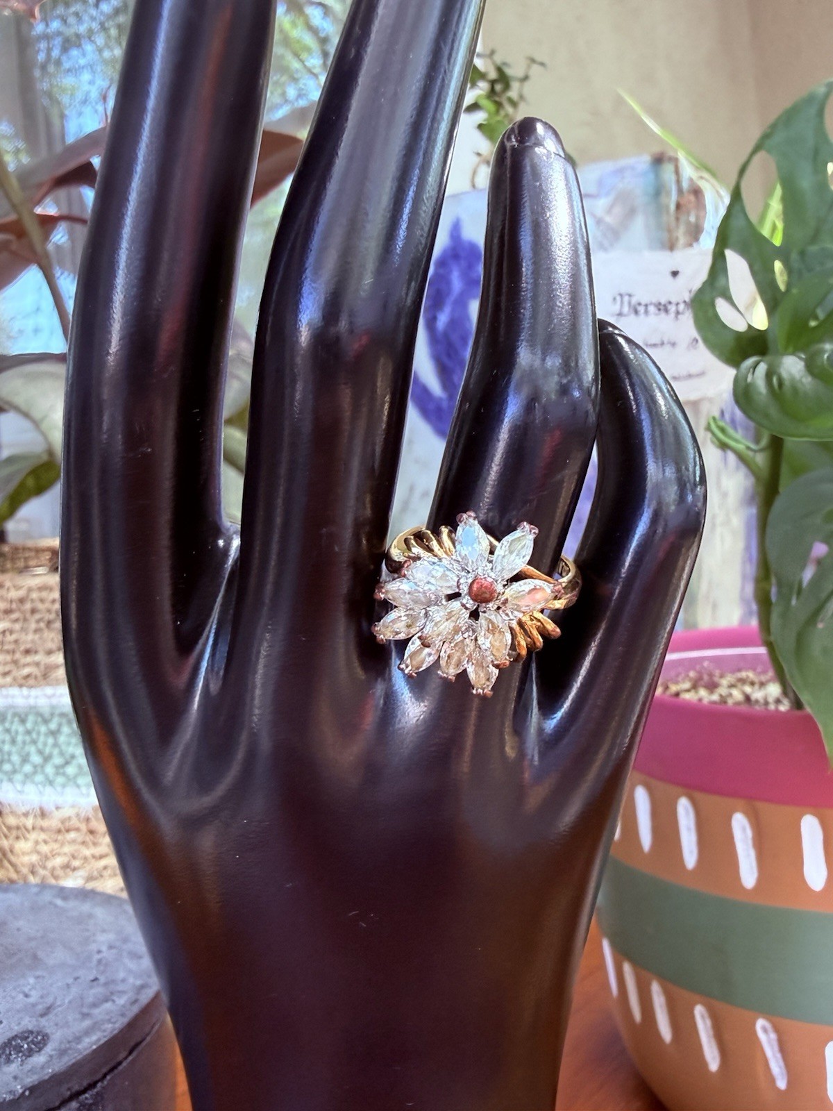 Art Deco Crystal Cluster Ring Gold Plated Size 6.75 Marquise Antique Estate