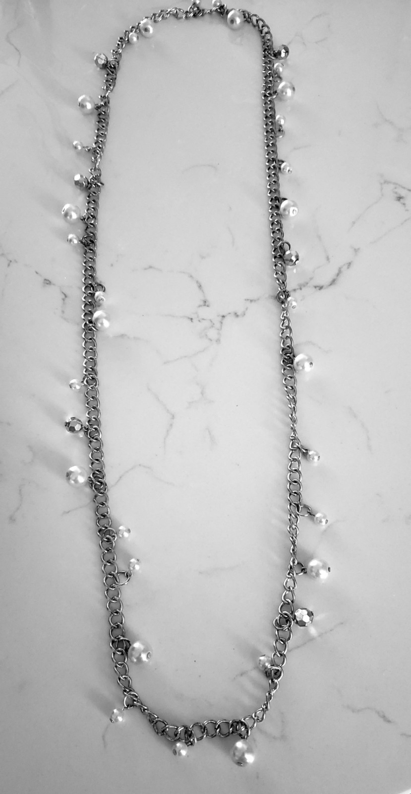 Faux Pearl & Crystal Long Link Chain Necklace – 36″ Long