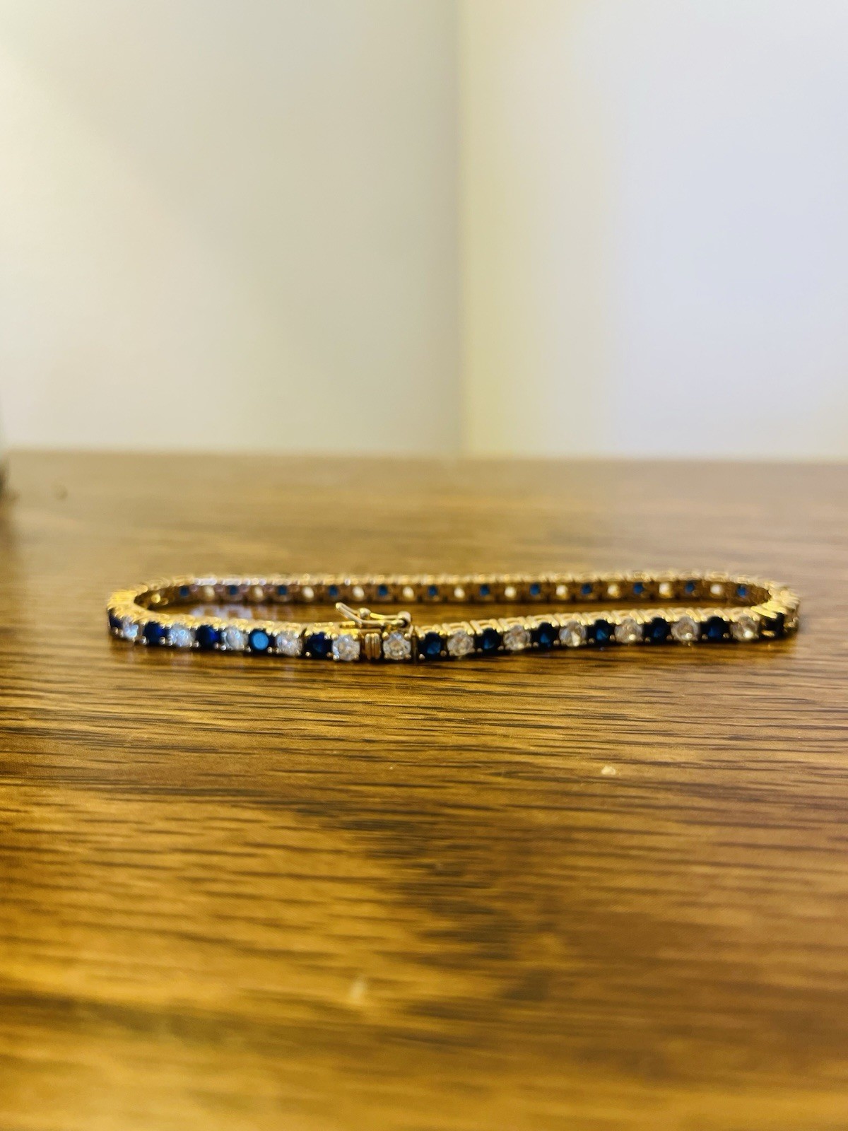 925 Sterling Silver Gold Plated Blue Clear Stone Tennis Bracelet 4mm