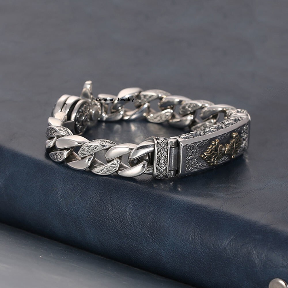 Real 925 Sterling Silver Bracelet 11mm Vajra Six Words Curb Link Chain 7-8.7in