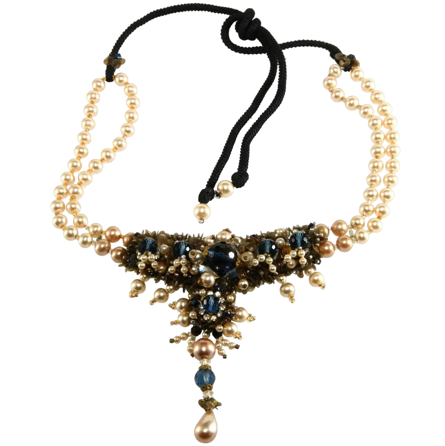 VTG Hand Made Necklace Faux Pearls Beads Rhinestones Fabric Leather Beaded