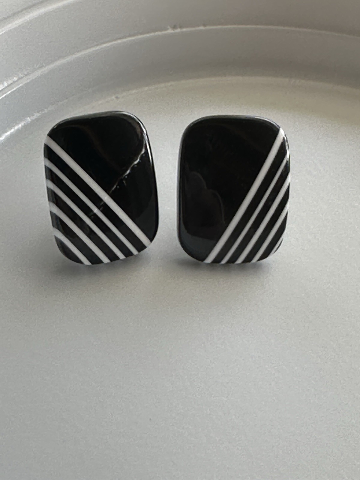Rectangle Black & White Striped Stud Earrings No Stone Plastic Butterfly Closure