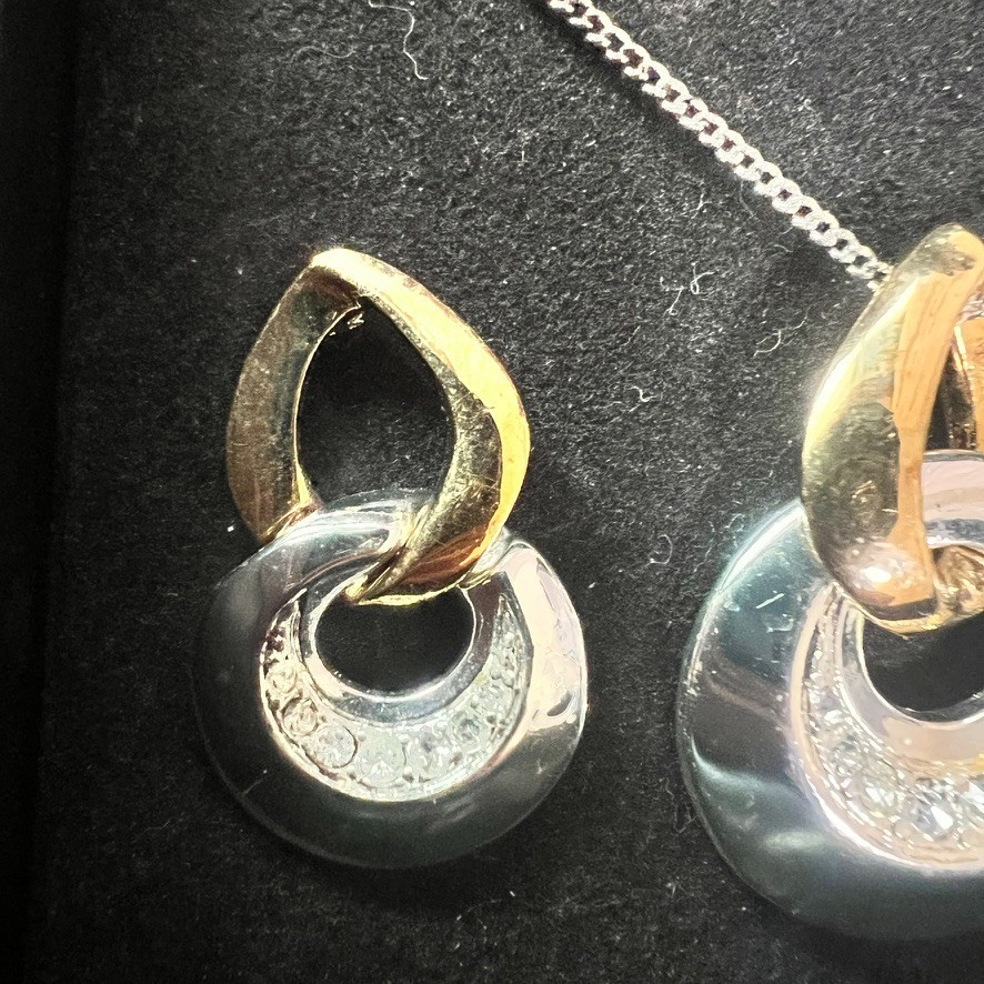 SAC Two Tone Necklace Earring Set NOS Vintage 1990s Silver Gold Tone Crystal
