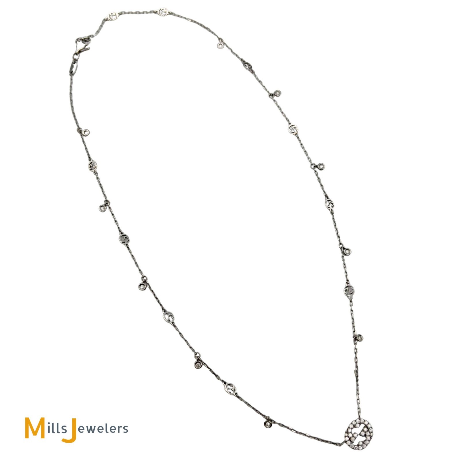 18K White Gold Gucci Interlocking G 0.27ctw Diamond Station Necklace 16″