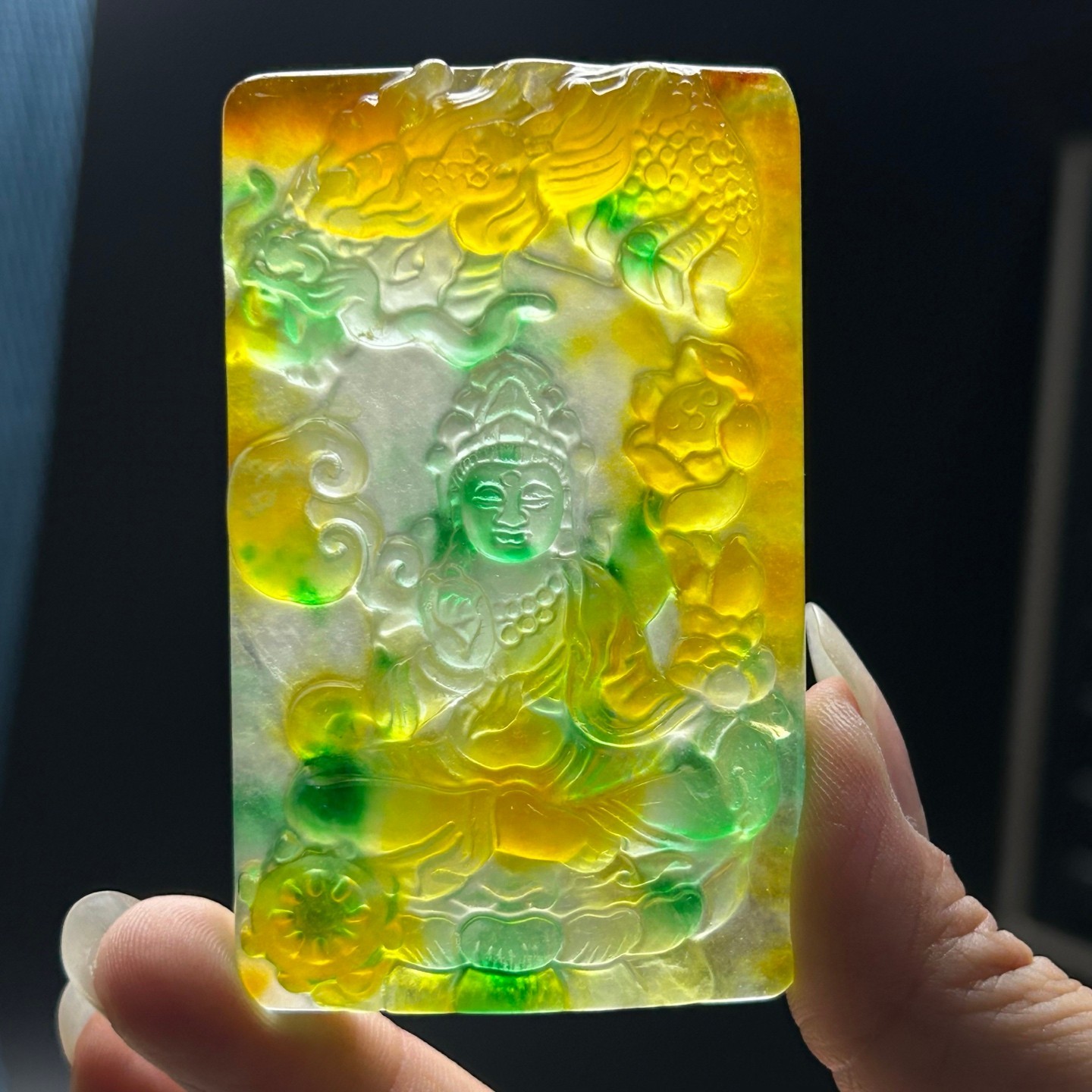 NaturalA+++ Ice Green&Yellow Jade Jadeite Dragon Kwanyin Pendant&Necklaces 御龙观音
