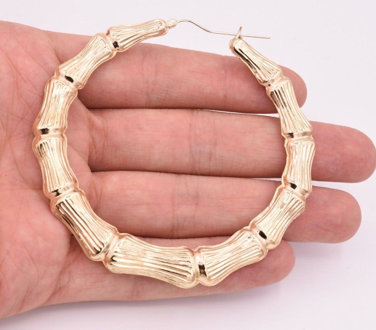 3 1/2″ 85mm Huge Graduated Diamond Cut Bamboo Hoop Earrings Real 10K Yellow Gold
