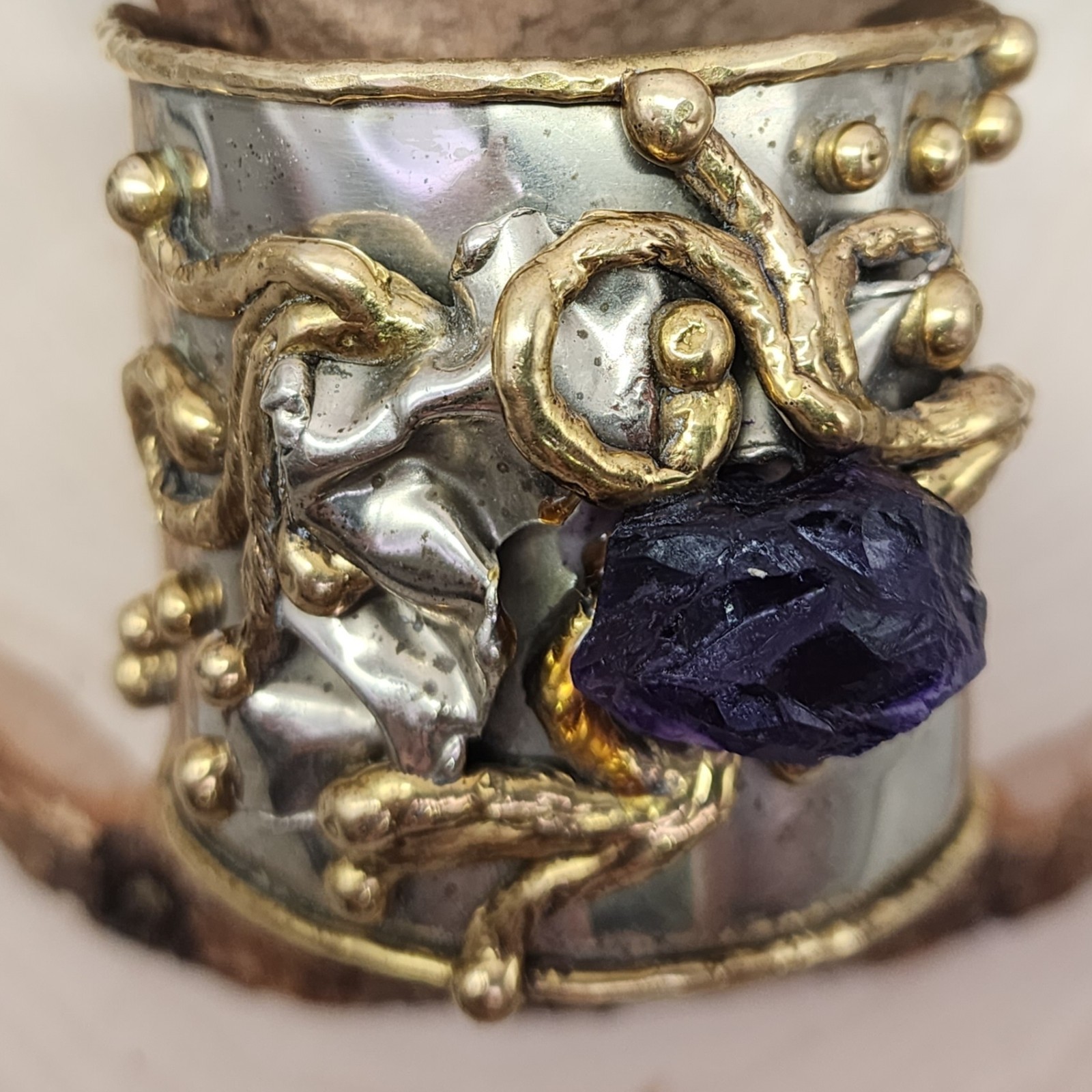Copa Collection Brutalist Chunky Mixed Metal Raw Amethyst Sz6 3″ Wide Cuff 93g