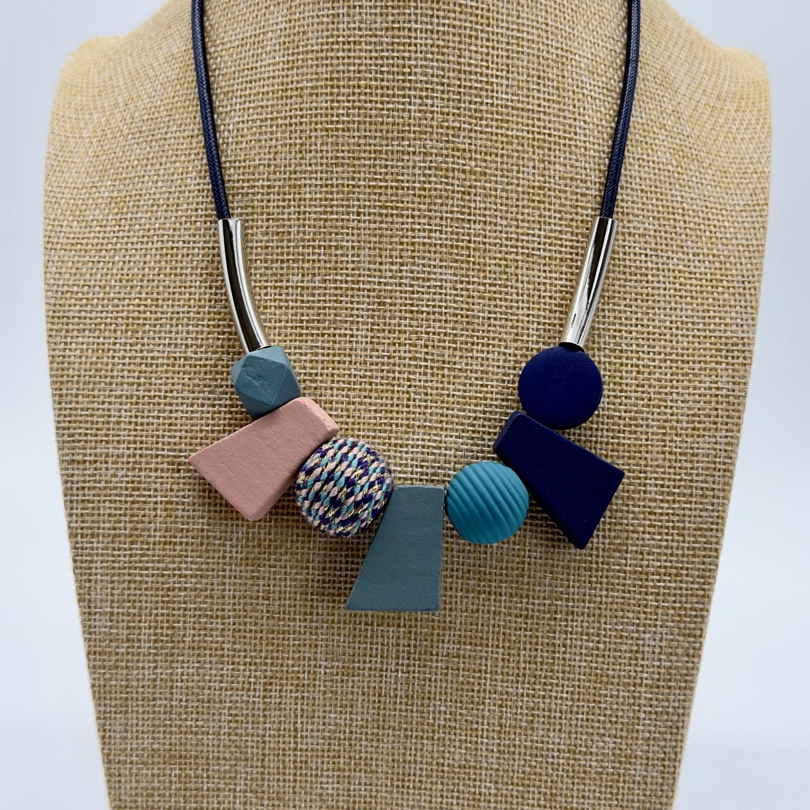 Geometric Beaded Necklace With Navy Teal & Dusty Rose Beads