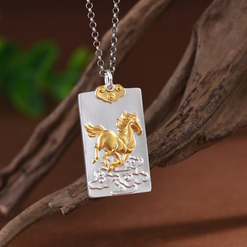 Pure S999 Fine Silver Men Women Gift Lucky Horse Oblong Pendant 16-17g 38*20mm