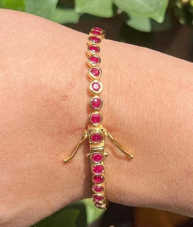 9Ct Round Lab-Created Red Ruby Tennis Bracelet 14K Yellow Gold Plated 7.5inch