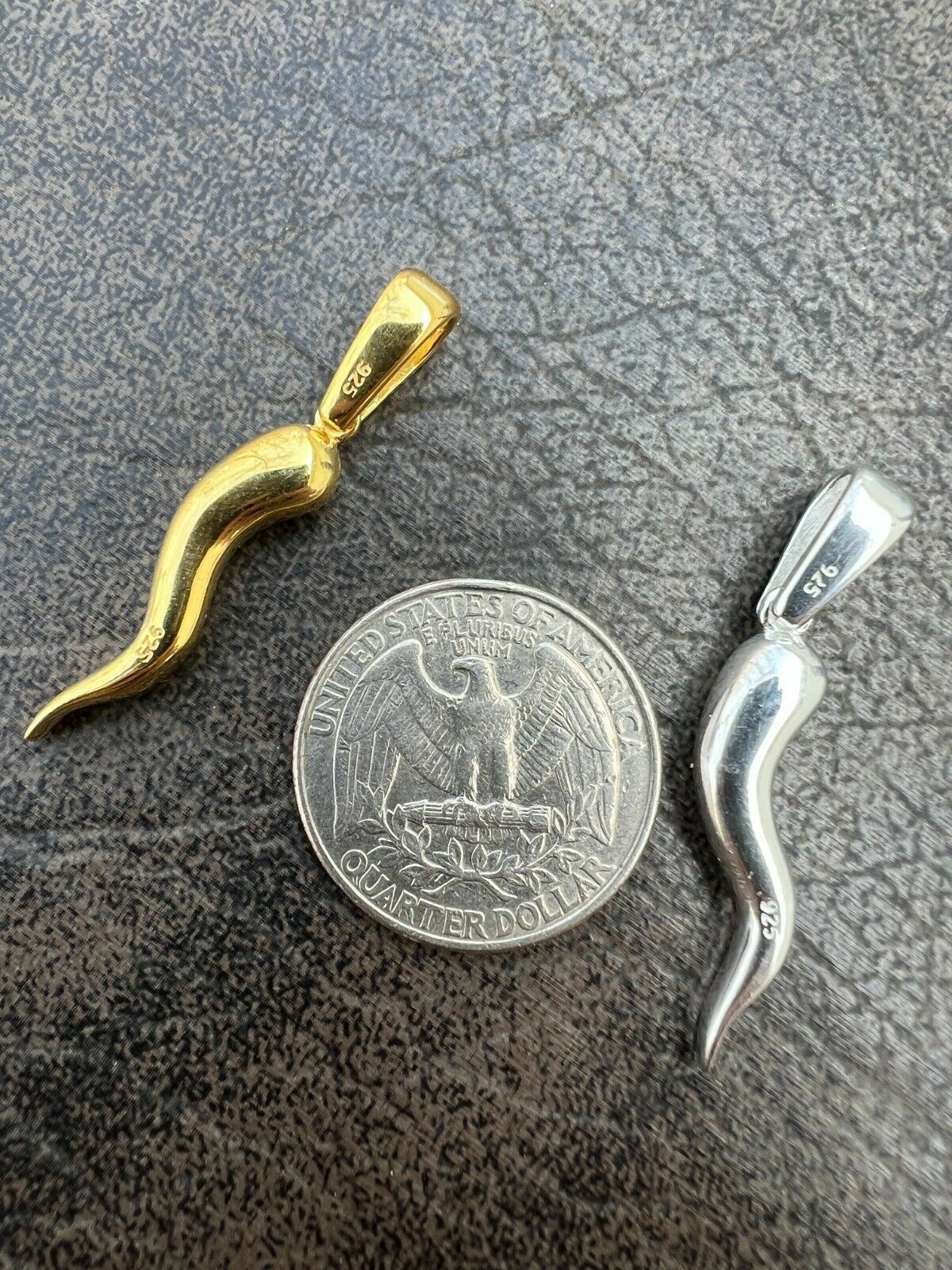 Real 925 Silver / Gold Plated Italian Cornicello Horn Pepper Pendant Necklace