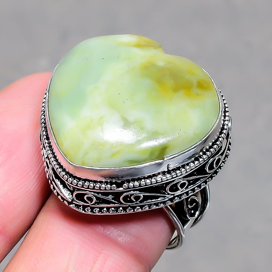 Green jade Heart Shape Gemstone Ring Handmade Vintage Adjustable Jewelry VR 2872