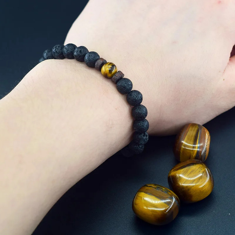 Beaded Stone Bracelet Tiger Eye Lava Round Elastic Rope Adjustable Jewelry