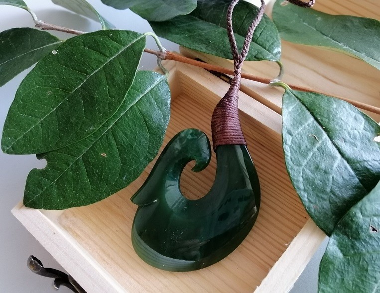 New Zealand Jade Greenstone Bound Fish Hook X Large pendant 70mm L x 45mm W