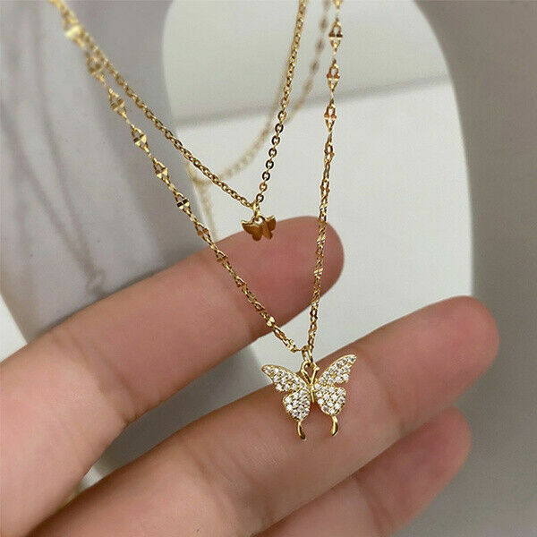 925 Silver Double Layer Butterfly Pendant Clavicle Chain Necklace Womens Jewelry