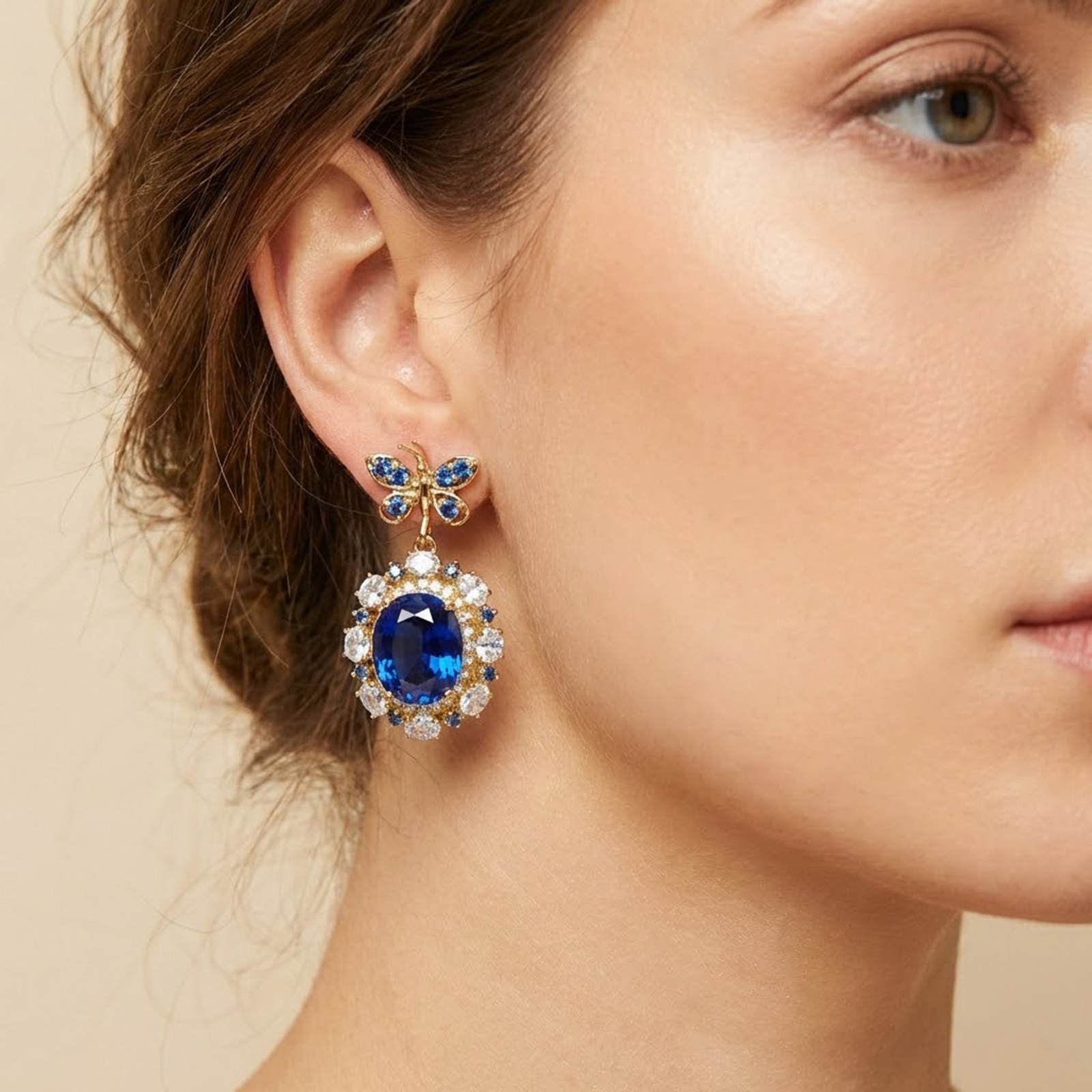 Vivid Blue Sapphire Oval 15.70Ct 925 Sterling Silver 24K Gold Butterfly Earrings