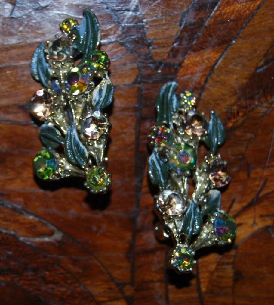 Elegant Vtg MCM Couture Enamel & Crystals Rhinestones Ear Climbers Clip Earrings