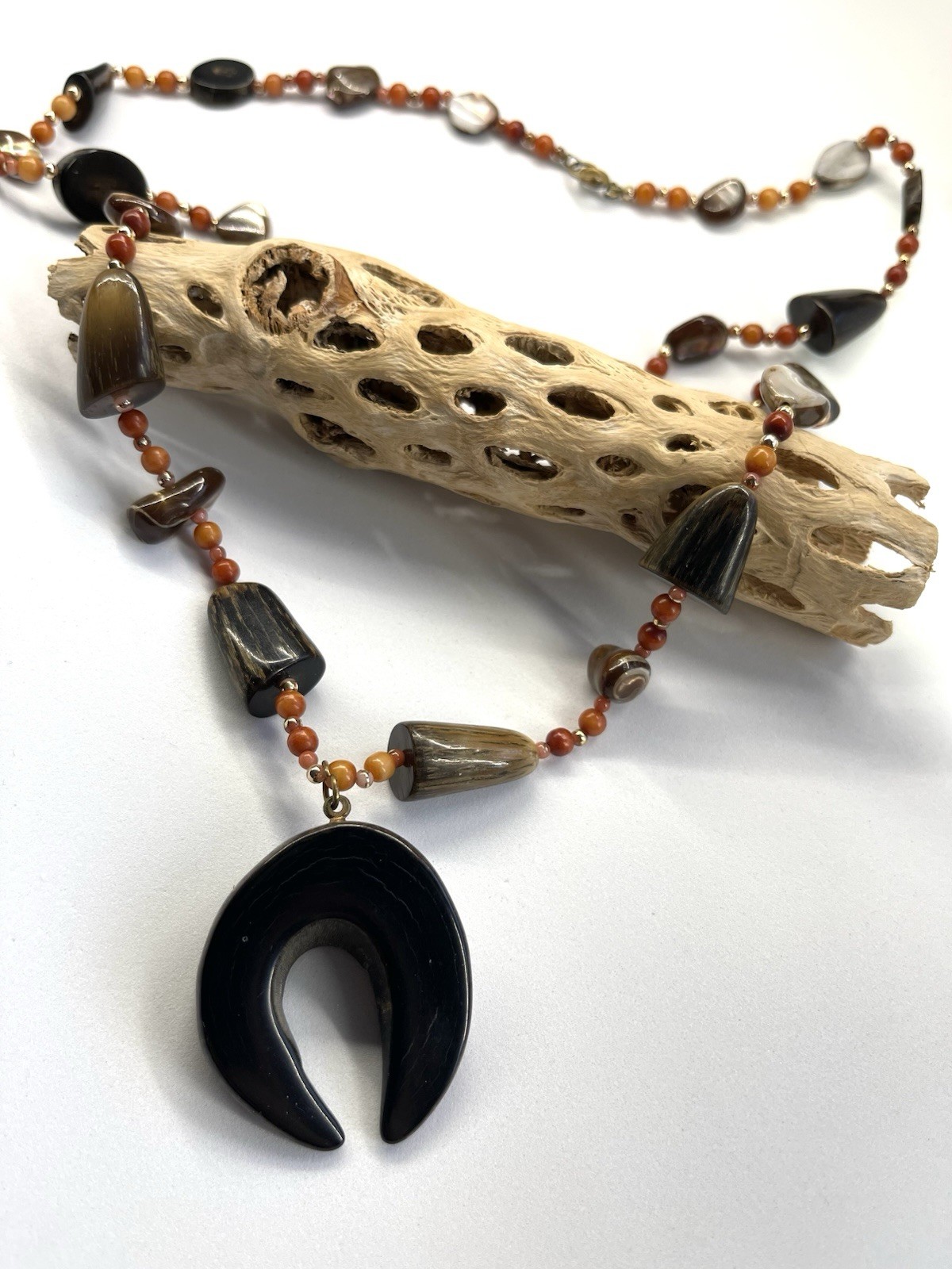 Vintage Boho statement Necklace with Crescent Horn Pendant – Artisan Style