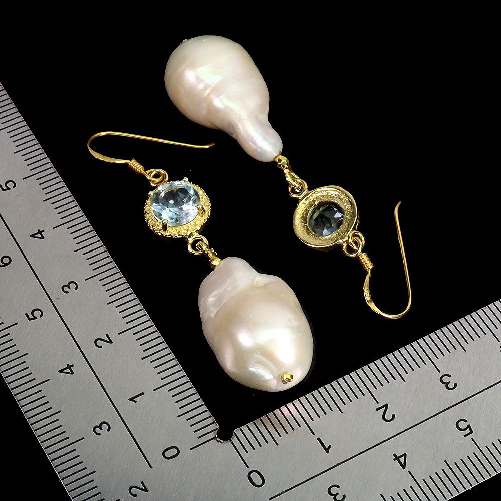 925 Sterling Silver Earrings Round Sky Blue Topaz 8mm Pearl Gemstone Jewelry